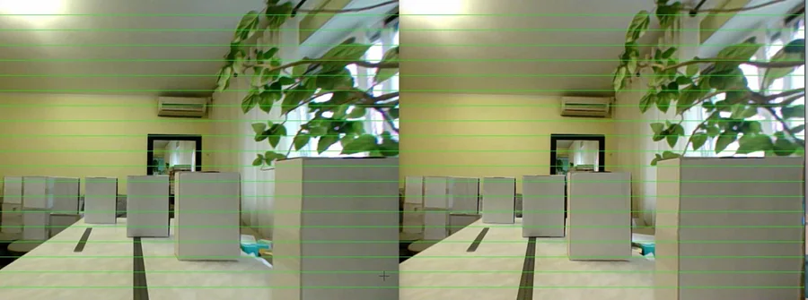 Rectified stereo pair with epipolar lines showing correct horizontal alignment after testing